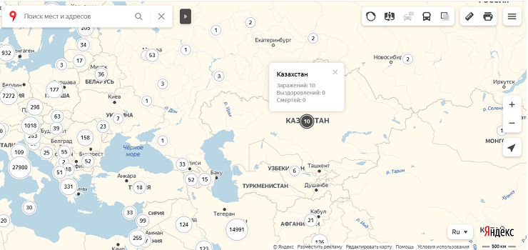 Яндекс создал карту распространения коронавируса в мире