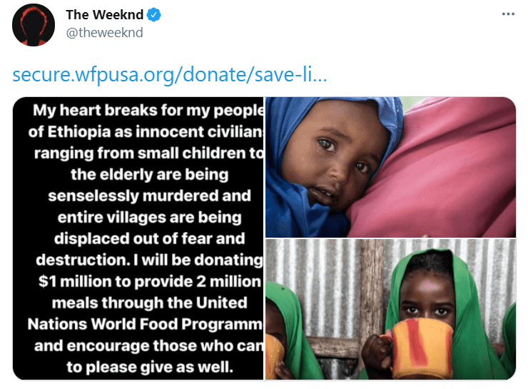 Какую сумму The Weeknd пожертвовал для голодающих в Эфиопии?